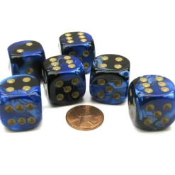 Dice>Gemini 20mm Big D6 Chessex Dice, 6 Pieces - Black-Blue with Gold Pips - Your Source for Gaming Essentials
