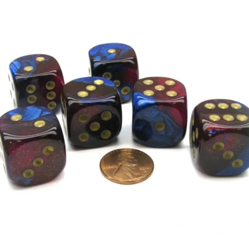 Dice>Gemini 20mm Big D6 Chessex Dice, 6 Pieces - Blue-Magenta with Gold Pips - Your Source for Gaming Essentials