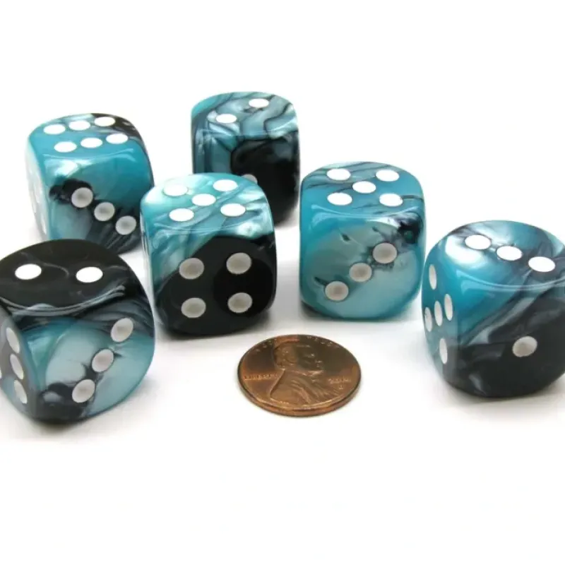 Dice>Gemini 20mm Big D6 Chessex Dice, 6 Pieces - Black-Shell with White Pips - Your Source for Gaming Essentials