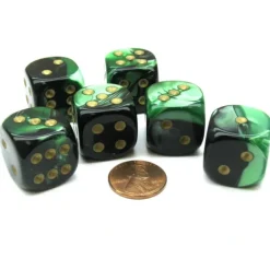 Dice>Gemini 20mm Big D6 Chessex Dice, 6 Pieces - Black-Green with Gold Pips - Your Source for Gaming Essentials