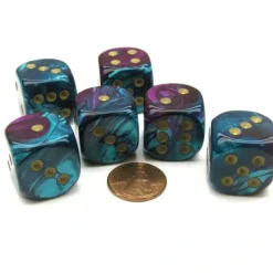 Dice>Gemini 20mm Big D6 Chessex Dice, 6 Pieces - Purple-Teal with Gold Pips - Your Source for Gaming Essentials