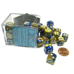 Dice-Gemini 12mm D6 Chessex Dice Block (36 Dice) - Blue-Gold with White Pips - Your Source for Gaming Essentials