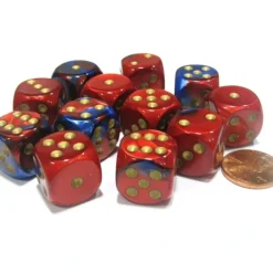 Dice-Gemini 16mm D6 Chessex Dice Block (12 Dice) - Blue-Red with Gold Pips - Your Source for Gaming Essentials