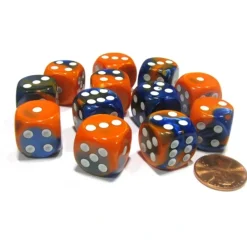 Dice-Gemini 16mm D6 Chessex Dice Block (12 Dice) - Blue-Orange with White Pips - Your Source for Gaming Essentials