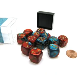 Dice-Gemini 16mm D6 Chessex Dice Block (12 Die) - Red-Teal with Gold Pips - Your Source for Gaming Essentials