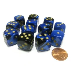 Dice-Gemini 16mm D6 Chessex Dice Block (12 Dice) - Black-Blue with Gold Pips - Your Source for Gaming Essentials