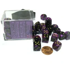 Dice-Gemini 12mm D6 Chessex Dice Block (36 Dice) - Black-Purple with Gold Pips - Your Source for Gaming Essentials