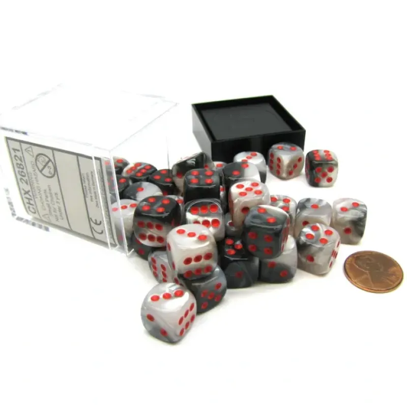 Dice-Gemini 12mm D6 Chessex Dice Block (36 Dice) - Black-White with Red Pips - Your Source for Gaming Essentials
