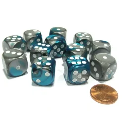 Dice-Gemini 16mm D6 Chessex Dice Block (12 Dice) - Steel-Teal with White Pips - Your Source for Gaming Essentials