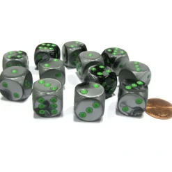 Dice-Gemini 16mm D6 Chessex Dice Block (12 Dice) - Black-Grey with Green Pips - Your Source for Gaming Essentials