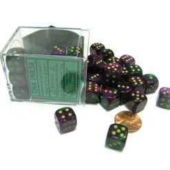 Dice-Gemini 12mm D6 Chessex Dice Block (36 Dice) - Green-Purple with Gold Pips - Your Source for Gaming Essentials