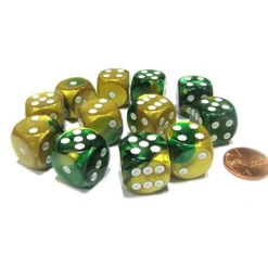 Dice-Gemini 16mm D6 Chessex Dice Block (12 Dice) - Gold-Green with White Pips - Your Source for Gaming Essentials