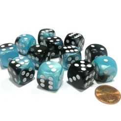Dice-Gemini 16mm D6 Chessex Dice Block (12 Dice) - Black-Shell with White Pips - Your Source for Gaming Essentials