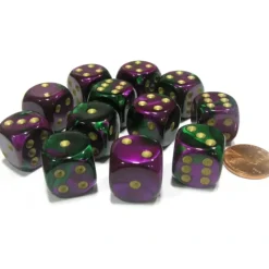 Dice-Gemini 16mm D6 Chessex Dice Block (12 Dice) - Green-Purple with Gold Pips - Your Source for Gaming Essentials