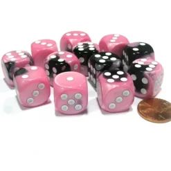 Dice-Gemini 16mm D6 Chessex Dice Block (12 Dice) - Black-Pink with White Pips - Your Source for Gaming Essentials