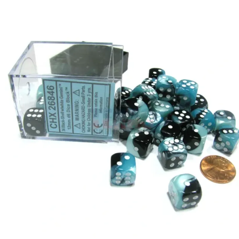 Dice-Gemini 12mm D6 Chessex Dice Block (36 Dice) - Black-Shell with White Pips - Your Source for Gaming Essentials