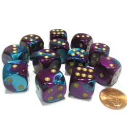 Dice-Gemini 16mm D6 Chessex Dice Block (12 Dice) - Purple-Teal with Gold Pips - Your Source for Gaming Essentials