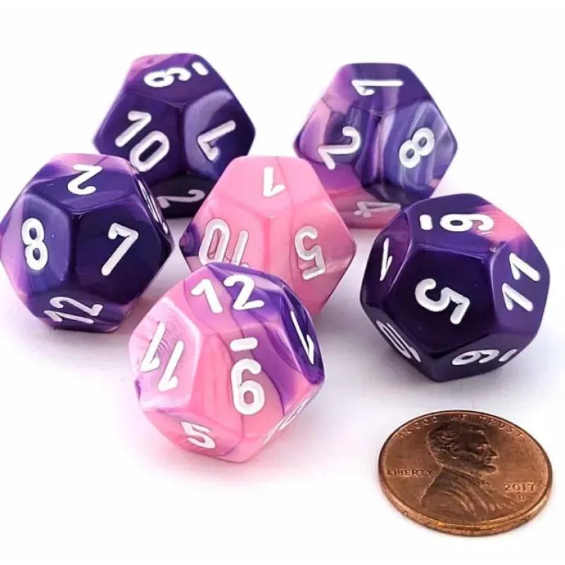 Dice>Gemini 18mm D12 Chessex Dice, 6 Pieces - Pink-Purple with White Numbers - Your Source for Gaming Essentials