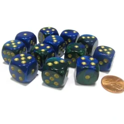 Dice-Gemini 16mm D6 Chessex Dice Block (12 Dice) - Blue-Green with Gold Pips - Your Source for Gaming Essentials