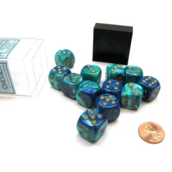 Dice-Gemini 16mm D6 Chessex Dice Block (12 Die) - Blue-Teal with Gold Pips - Your Source for Gaming Essentials