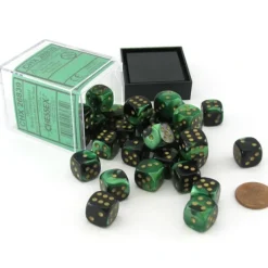 Dice-Gemini 12mm D6 Chessex Dice Block (36 Dice) - Black-Green with Gold Pips - Your Source for Gaming Essentials