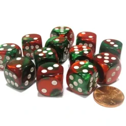 Dice-Gemini 16mm D6 Chessex Dice Block (12 Dice) - Green-Red with White Pips - Your Source for Gaming Essentials