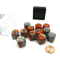 Dice-Gemini 16mm D6 Chessex Dice Block (12 Die) - Orange-Steel with Gold Pips - Your Source for Gaming Essentials