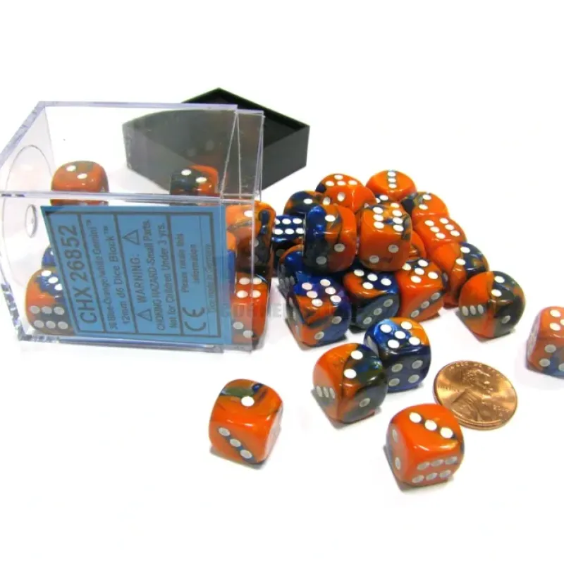 Dice-Gemini 12mm D6 Chessex Dice Block (36 Dice) - Blue-Orange with White Pips - Your Source for Gaming Essentials