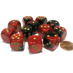 Dice-Gemini 16mm D6 Chessex Dice Block (12 Dice) - Black-Red with Gold Pips - Your Source for Gaming Essentials