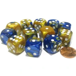 Dice-Gemini 16mm D6 Chessex Dice Block (12 Dice) - Blue-Gold with White Pips - Your Source for Gaming Essentials