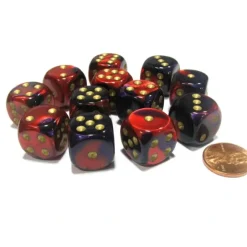 Dice-Gemini 16mm D6 Chessex Dice Block (12 Dice) - Purple-Red with Gold Pips - Your Source for Gaming Essentials