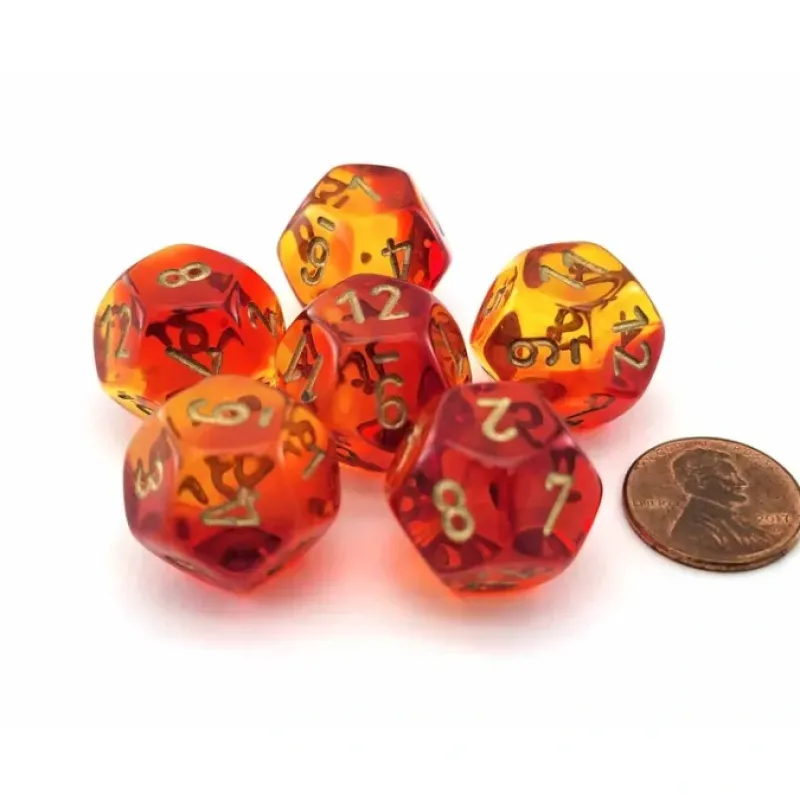 Dice>Gemini 18mm D12 Dice, 6 Pieces - Translucent Red-Yellow with Gold Numbers - Your Source for Gaming Essentials