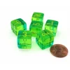 Dice-Gemini 15mm D6 Dice, 6 Pieces - Translucent Green-Teal with Yellow Numbers - Your Source for Gaming Essentials