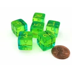 Dice-Gemini 15mm D6 Dice, 6 Pieces - Translucent Green-Teal with Yellow Numbers - Your Source for Gaming Essentials