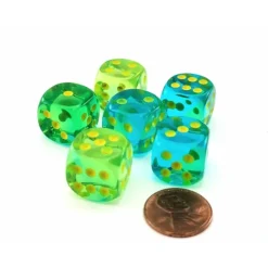 Dice-Gemini 16mm D6 Dice, 6 Pieces - Translucent Green-Teal with Yellow Numbers - Your Source for Gaming Essentials
