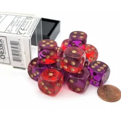 Dice-Gemini 16mm D6 Dice Block (12 Dice) - Translucent Red-Violet with Gold Numbers - Your Source for Gaming Essentials