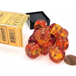 Dice-Gemini 16mm D6 Dice Block (12 Dice) - Translucent Red-Yellow with Gold Numbers - Your Source for Gaming Essentials