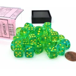 Dice-Gemini 12mm D6 Dice Block (36 Dice) - Translucent Green-Teal with Yellow Numbers - Your Source for Gaming Essentials