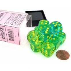 Dice-Gemini 16mm D6 Dice Block (12 Dice) - Translucent Green-Teal with Yellow Numbers - Your Source for Gaming Essentials