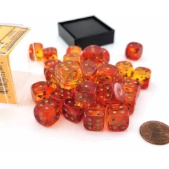 Dice-Gemini 12mm D6 Dice Block (36 Dice) - Translucent Red-Yellow with Gold Numbers - Your Source for Gaming Essentials