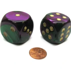 Dice>Gemini 30mm Large D6 Chessex Dice, 2 Pieces - Green-Purple with Gold Pips - Your Source for Gaming Essentials