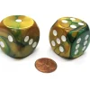 Dice>Gemini 30mm Large D6 Chessex Dice, 2 Pieces - Gold-Green with White Pips - Your Source for Gaming Essentials