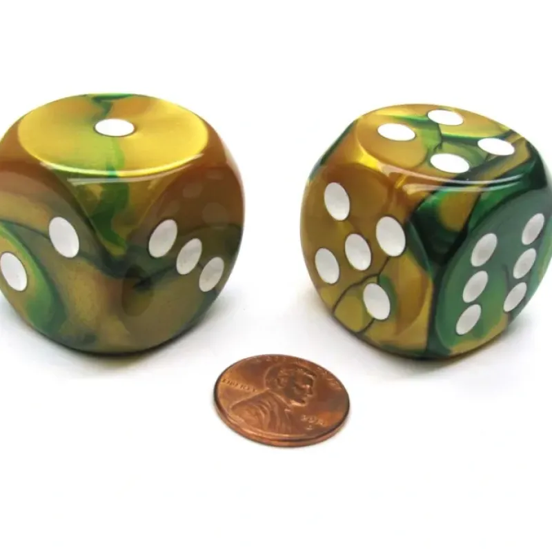 Dice>Gemini 30mm Large D6 Chessex Dice, 2 Pieces - Gold-Green with White Pips - Your Source for Gaming Essentials