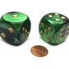 Dice>Gemini 30mm Large D6 Chessex Dice, 2 Pieces - Black-Green with Gold Pips - Your Source for Gaming Essentials