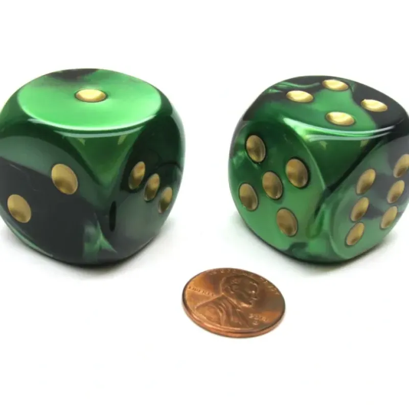 Dice>Gemini 30mm Large D6 Chessex Dice, 2 Pieces - Black-Green with Gold Pips - Your Source for Gaming Essentials