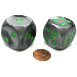 Dice>Gemini 30mm Large D6 Chessex Dice, 2 Pieces - Black-Grey with Green Pips - Your Source for Gaming Essentials