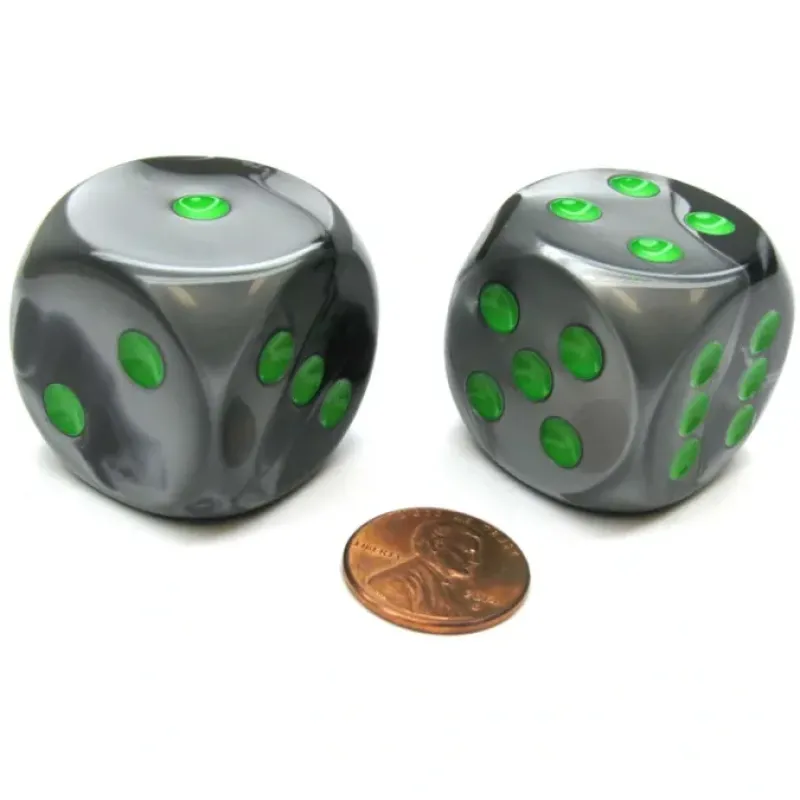 Dice>Gemini 30mm Large D6 Chessex Dice, 2 Pieces - Black-Grey with Green Pips - Your Source for Gaming Essentials