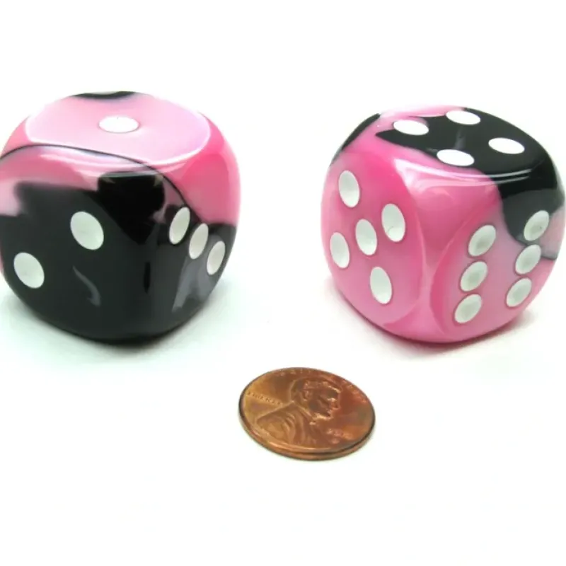 Dice>Gemini 30mm Large D6 Chessex Dice, 2 Pieces - Black-Pink with White Pips - Your Source for Gaming Essentials