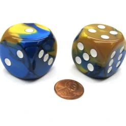 Dice>Gemini 30mm Large D6 Chessex Dice, 2 Pieces - Blue-Gold with White Pips - Your Source for Gaming Essentials