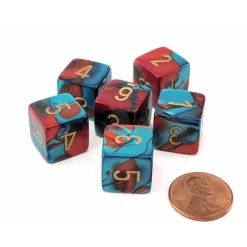 Dice-Gemini 15mm 6-Sided D6 Numbered Dice, 6 Pieces - Red-Teal with Gold Numbers - Your Source for Gaming Essentials